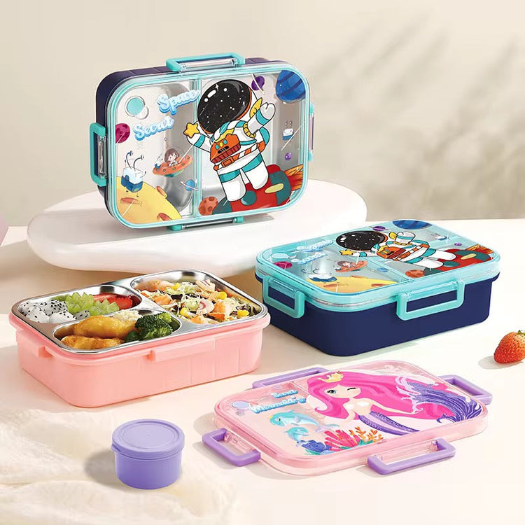 3 Compartments Stainless Steel 750ml Cartoon Character Lunch Box with Soup Bowl 2628