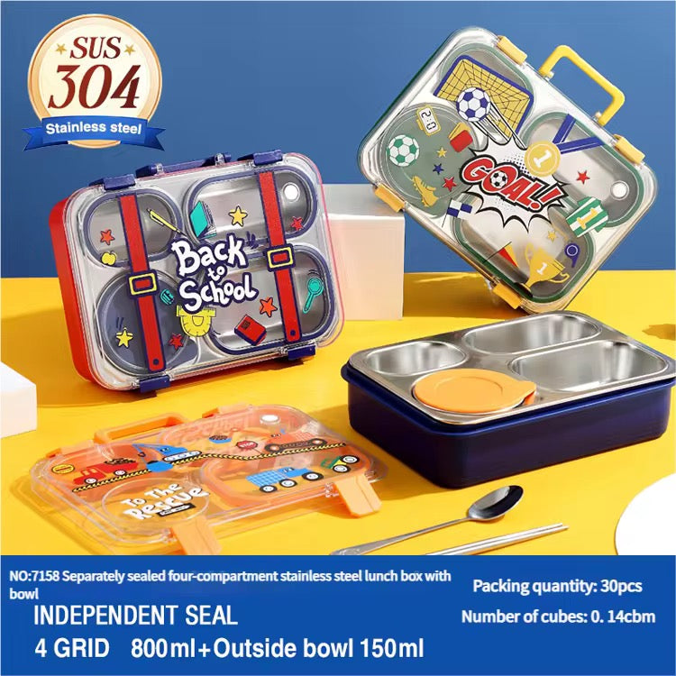 Back to School Stainless Steel 4 Compartments Leak Proof (850ml+150ml Sauce Bowl)Lunch Box LX-7158