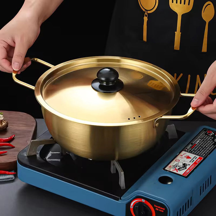 Paella Pan Korean Stainless Steel Golden Ramen Instant Noodle Pot for Induction Cooker Cooking Small Boiling Soup Pot with Metal Lid