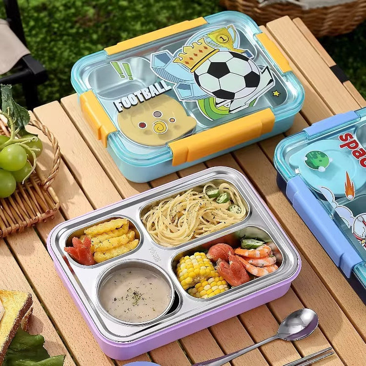 4 Compartments Students Character Leak Proof Lunch Box Stainless Steel with Cutlery and Soup Bowl 2588