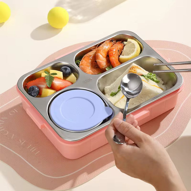 Individually Sealed Silicone 304 Stainless Steel Lunch Box 900ml 4 Compartments with Sauce Bowl and Cutlery