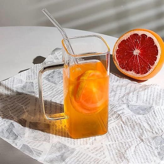 Bamboo Lid Square Glass With Glass Straw