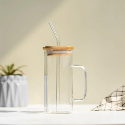 Bamboo Lid Square Glass With Glass Straw
