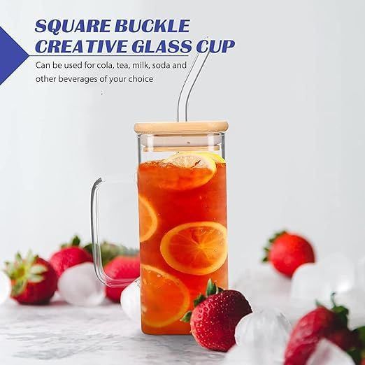 Bamboo Lid Square Glass With Glass Straw