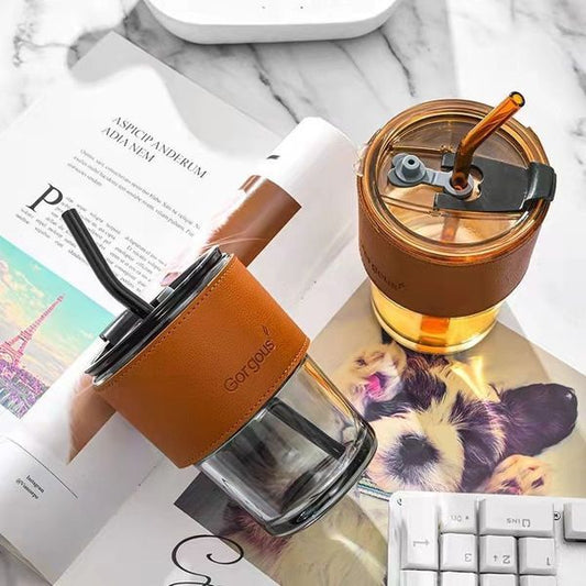 Tea And Cold Coffee Glass Tumbler With Lid And Straw Cups 400ML